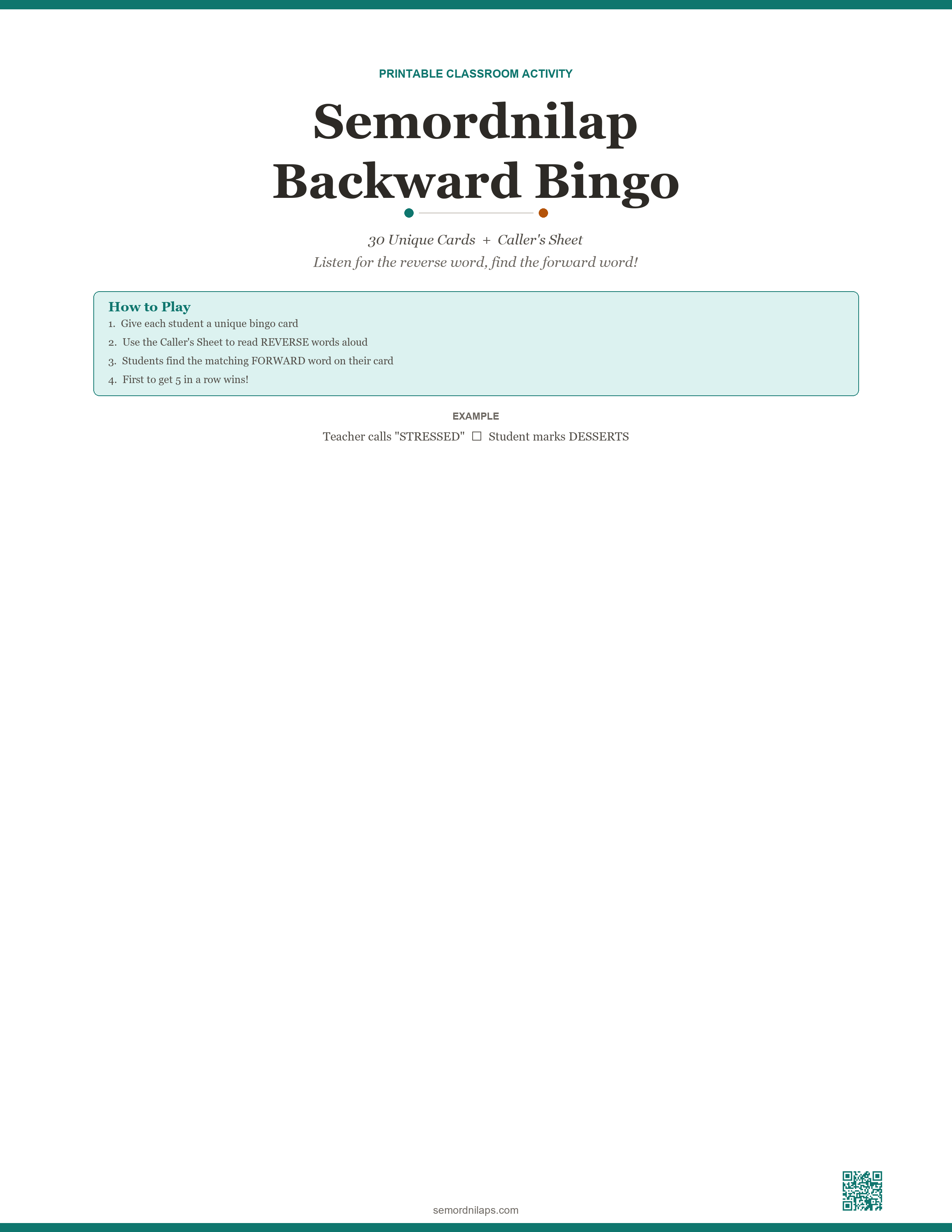 Semordnilap bingo cards preview